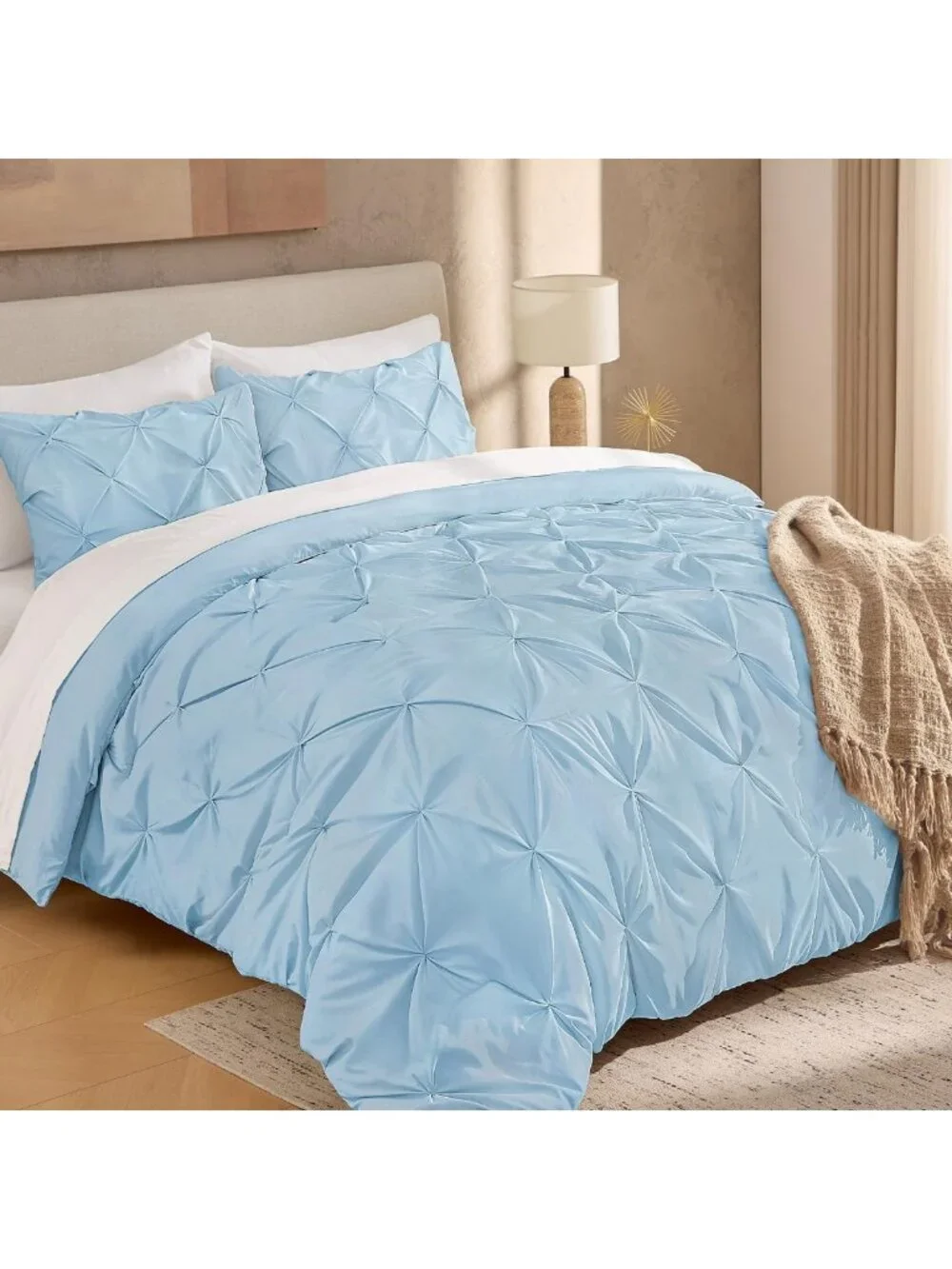 Light Blue Queen Comforter Set - 3 Piece Pinch Pleat Bedding for Cozy Home Decor